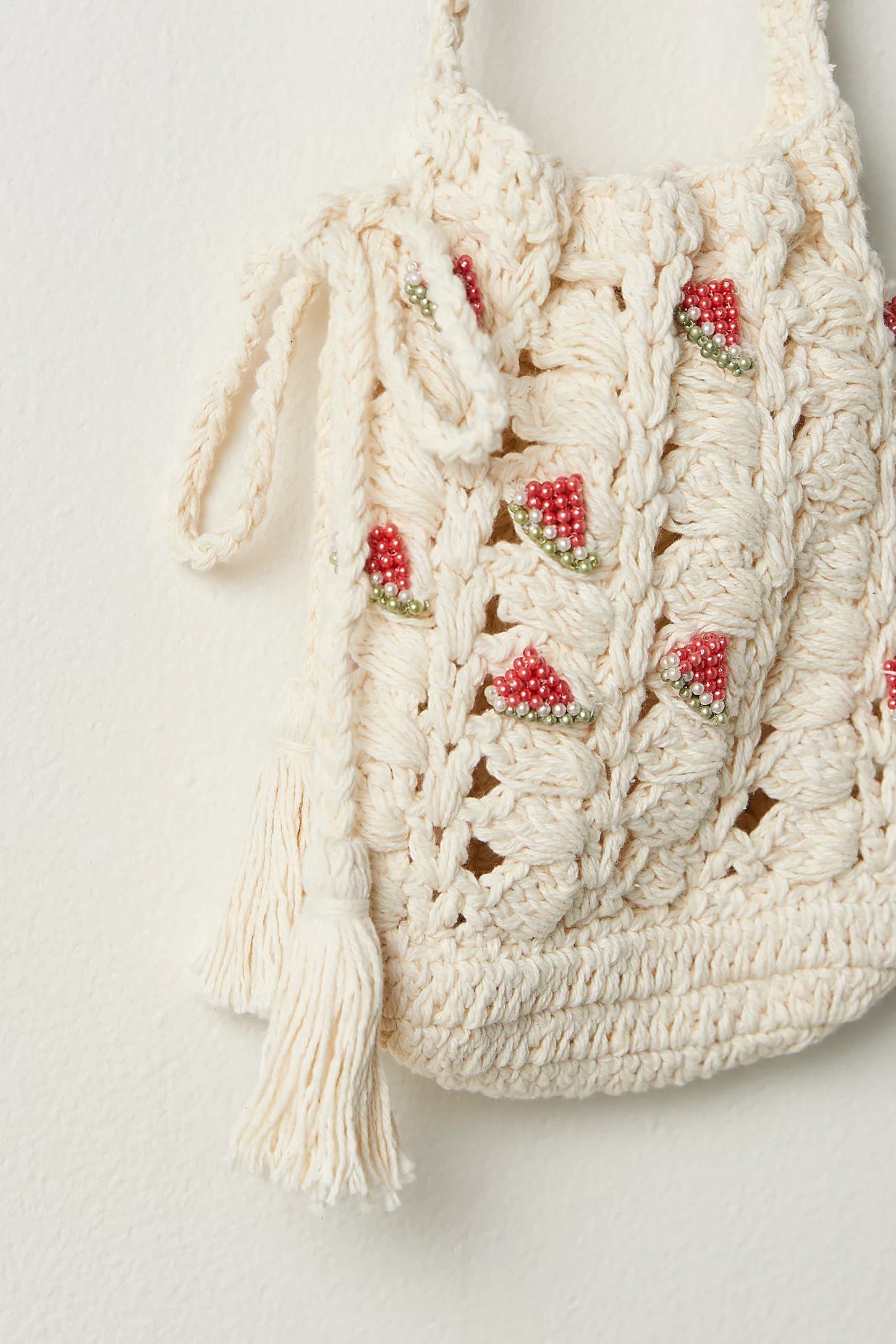 COTTON CROCHET CROSSBODY  BAG WITH BEADED DETAILING