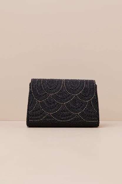 RASIMA BLACK GOLD BEADED SCALLOPED CLUTCH