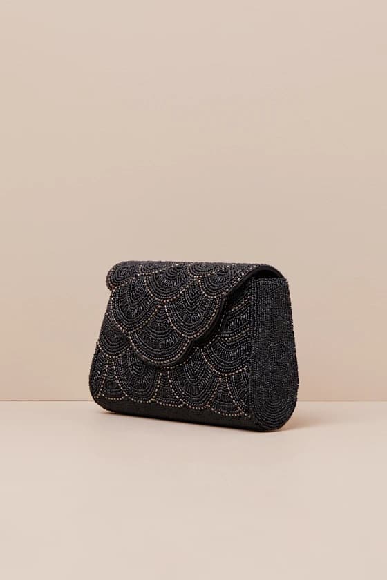 RASIMA BLACK GOLD BEADED SCALLOPED CLUTCH