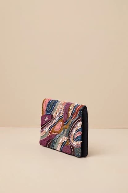 BLACK MULTI BEADED EMBOIDERED ABSTRACT CLUTCH