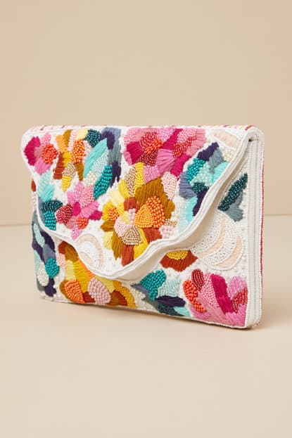 CHARM WHITE MULTICOLOR EMBROIDRED CLUTCH