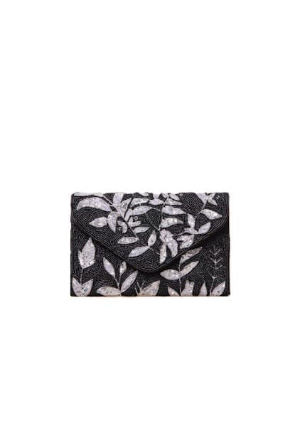 SHINY BLACK SILVER LEAF BEADED CLUTCH