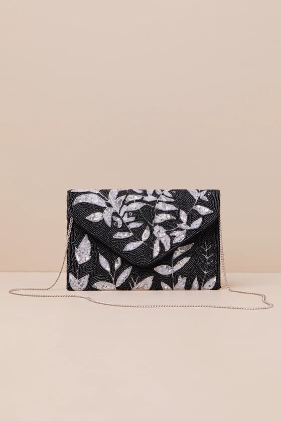 SHINY BLACK SILVER LEAF BEADED CLUTCH