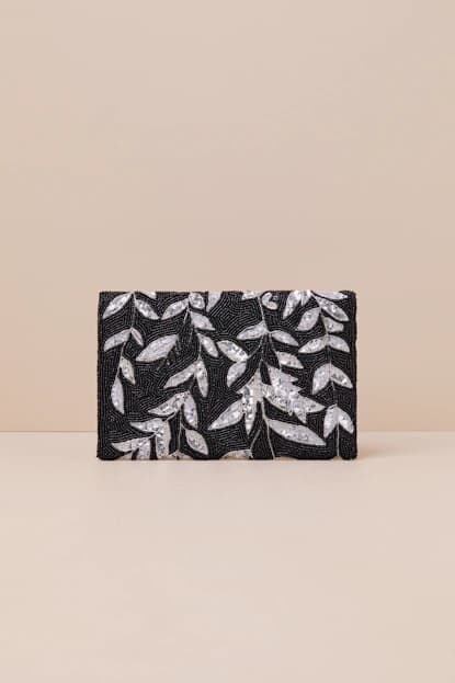 SHINY BLACK SILVER LEAF BEADED CLUTCH