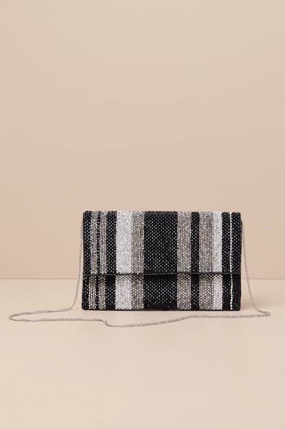 BLACK SILVER STRIPE BEADED CLUTCH