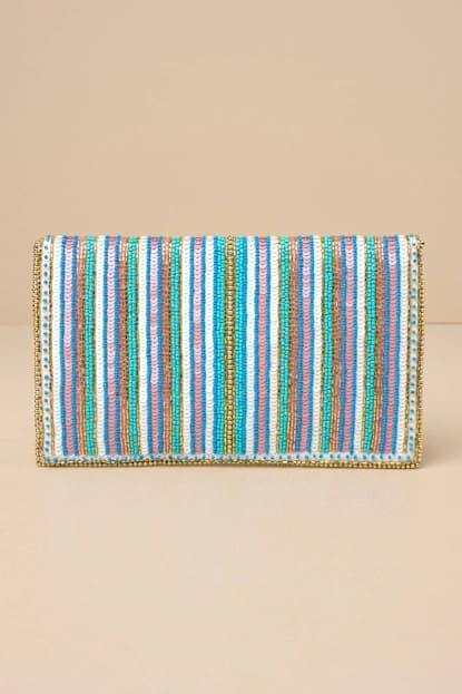 MULTI STRIPED BEADED SEQUIN CLUTCH