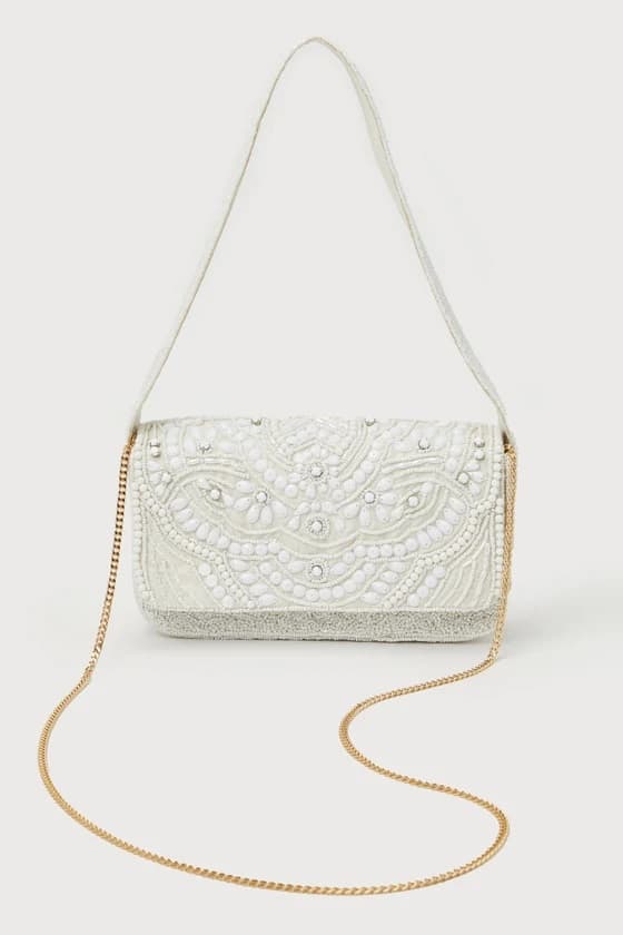 GLAMOROUS SHINE IVORY BEADED SHOULDER BAG