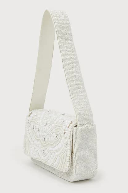 GLAMOROUS SHINE IVORY BEADED SHOULDER BAG