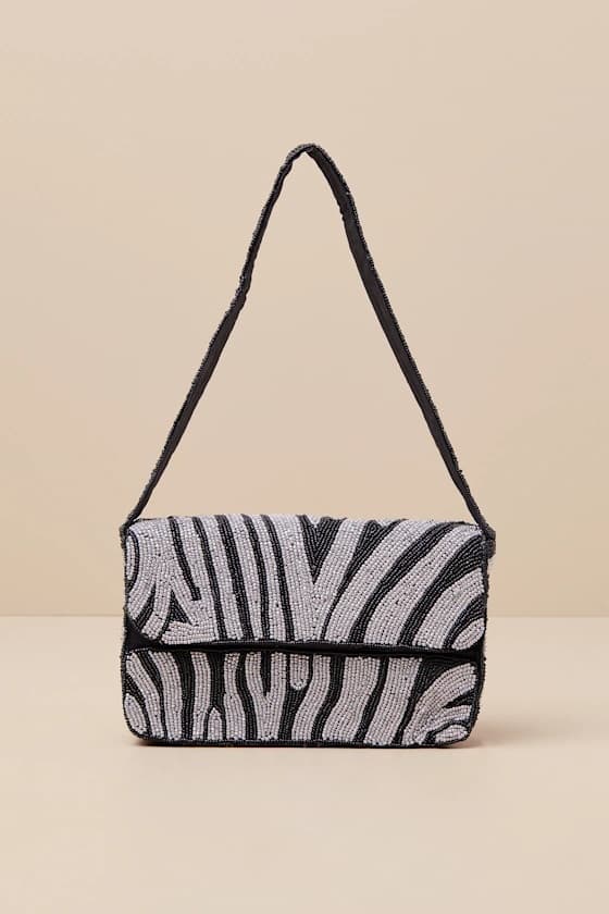 GLAMOUR BLACK SILVER ZEBRA BEADED SHOULDER BAG