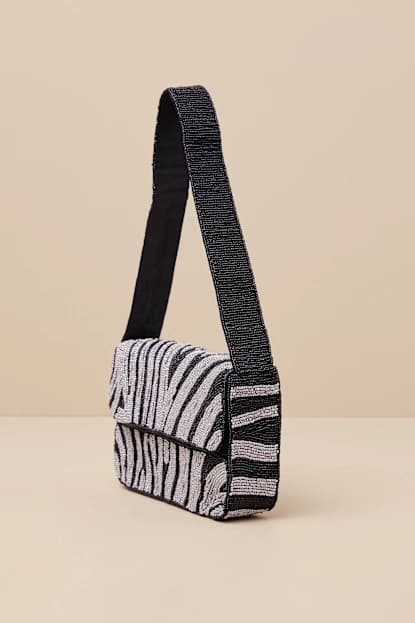 GLAMOUR BLACK SILVER ZEBRA BEADED SHOULDER BAG
