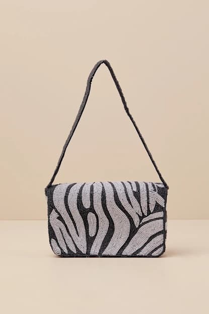 GLAMOUR BLACK SILVER ZEBRA BEADED SHOULDER BAG