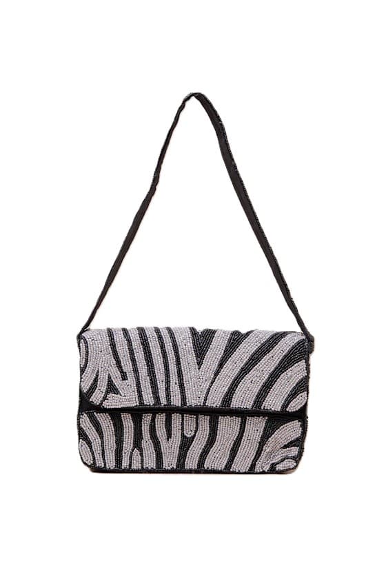 GLAMOUR BLACK SILVER ZEBRA BEADED SHOULDER BAG