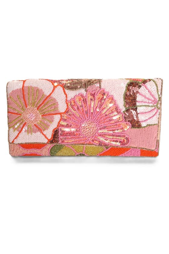 BEAUTIFUL PEACH PINK MULTI FLORAL BEADED CLUTCH