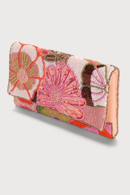 BEAUTIFUL PEACH PINK MULTI FLORAL BEADED CLUTCH