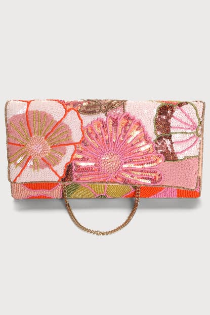 BEAUTIFUL PEACH PINK MULTI FLORAL BEADED CLUTCH