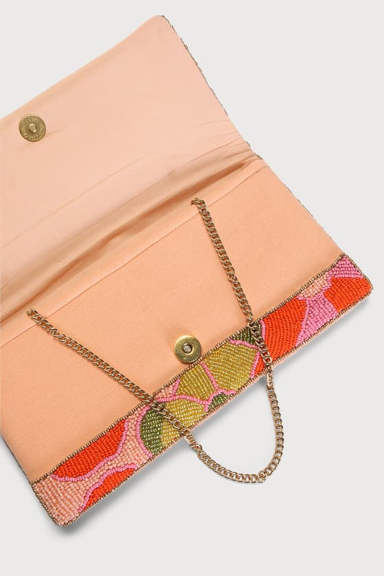 BEAUTIFUL PEACH PINK MULTI FLORAL BEADED CLUTCH