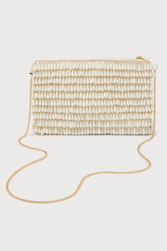 GLAMOROUS WHITE PEARL FRINGE CROSSBODY BAG