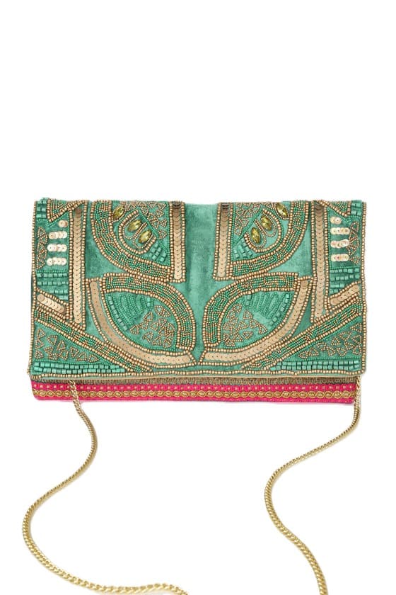 GREEN VELVET BEADED CLUTCH