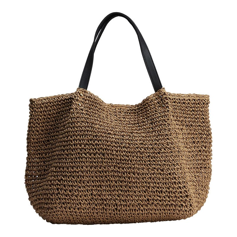 PAPER RAFFIA WITH LEATHER HANDLE TOTE BAG