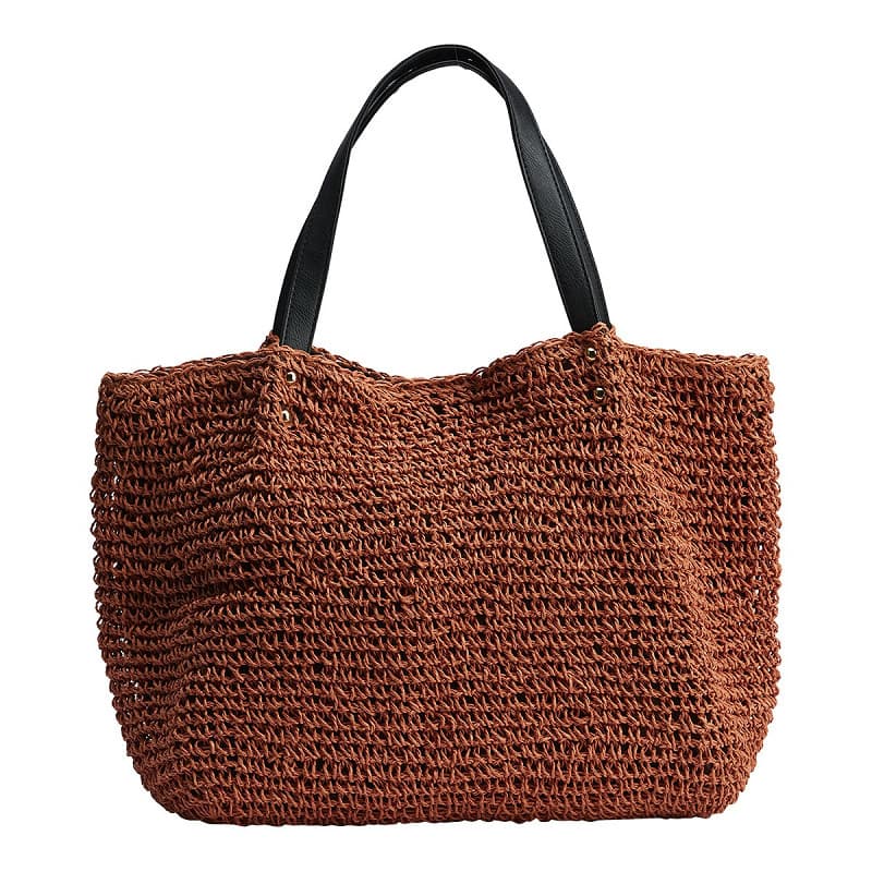 PAPER RAFFIA WITH LEATHER HANDLE TOTE BAG