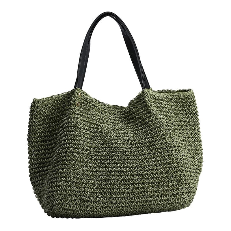 PAPER RAFFIA WITH LEATHER HANDLE TOTE BAG