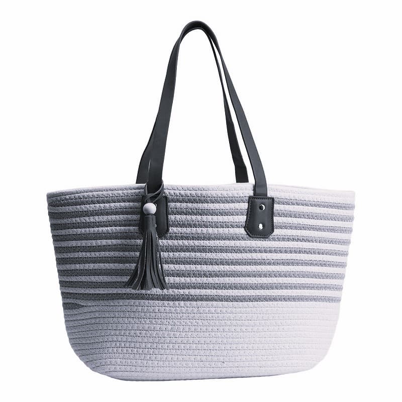 BEAUTIFUL WHITE NATURAL COTTON JUTE LEATHER HANDLE TOTE BAG