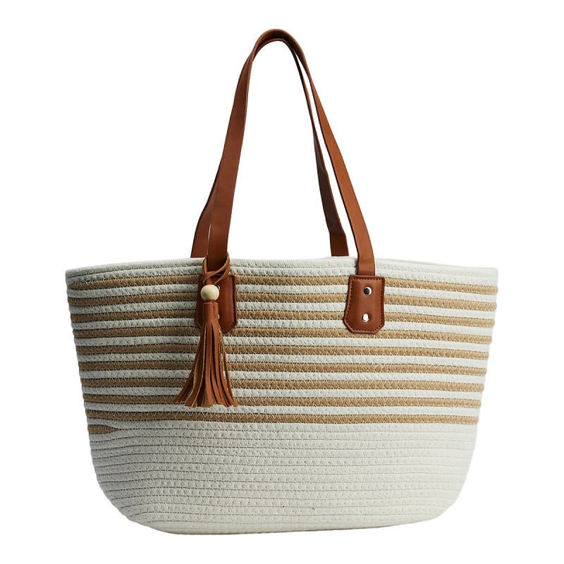 BEAUTIFUL WHITE NATURAL COTTON JUTE LEATHER HANDLE TOTE BAG
