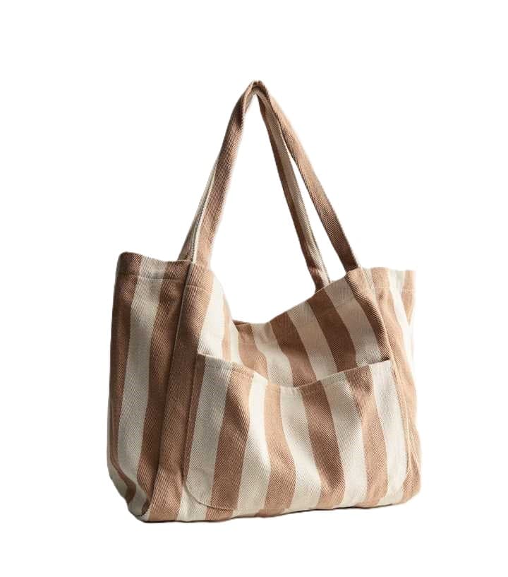 BROWN STRIPE DESIGN SLOUCH TOTE BAG