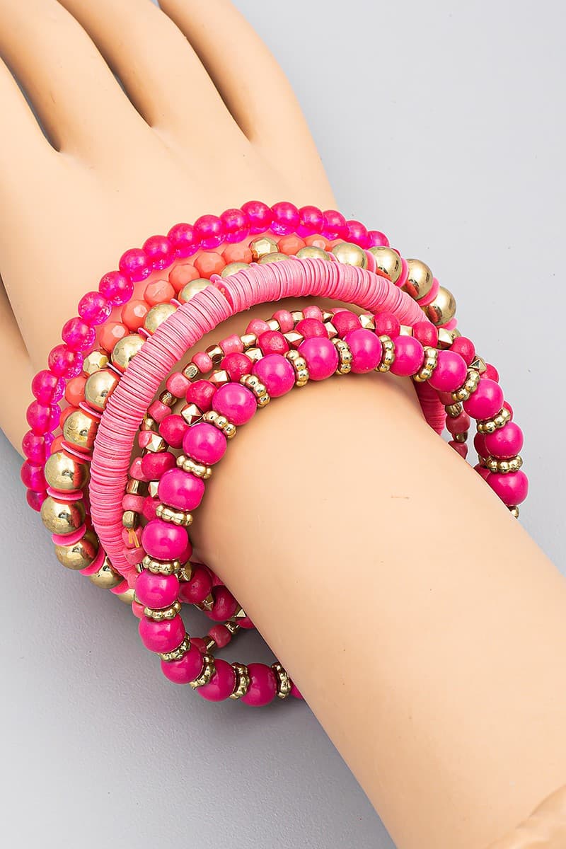 FUCHSIA GLASS BEAD STRETCH BRACELET