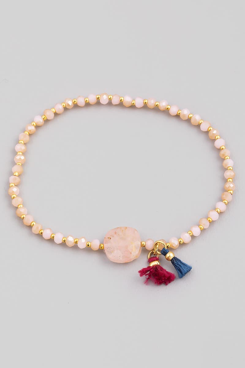 GLASS STONE AND TASSEL STRETCH BRACELET