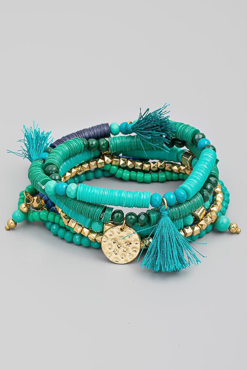 TURQ MULTI ROW STRETCH BRACELET WITH TASSEL
