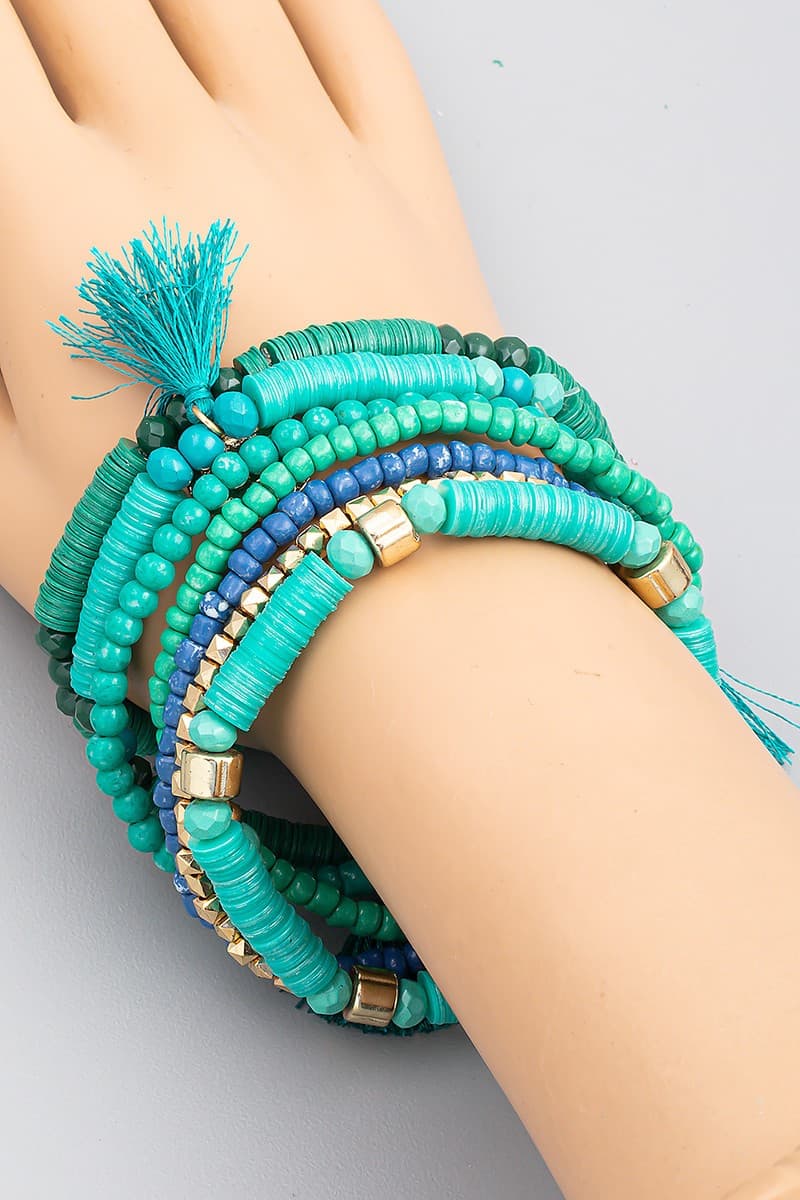 TURQ MULTI ROW STRETCH BRACELET WITH TASSEL