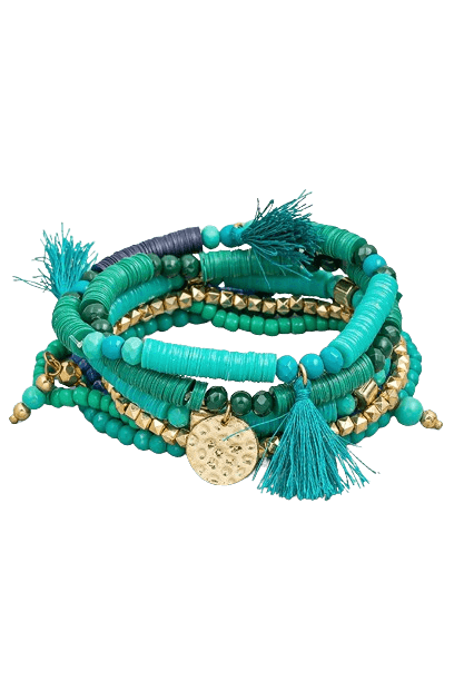 TURQ MULTI ROW STRETCH BRACELET WITH TASSEL