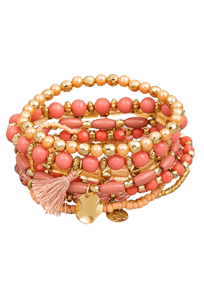 PINK MULTI ROW STRETCH BRACELET WITH TASSEL