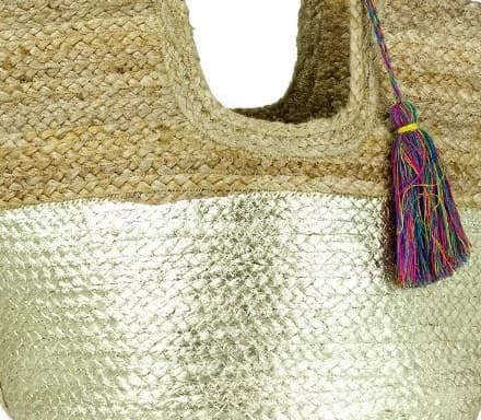 METALLIC COLORBLOCK JUTE TOTE WITH TASSEL