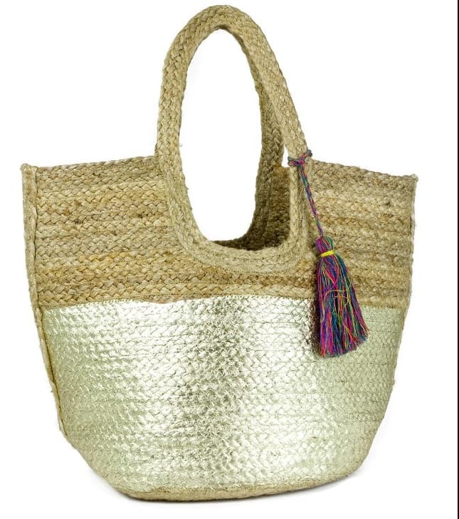 METALLIC COLORBLOCK JUTE TOTE WITH TASSEL