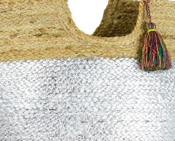 METALLIC COLORBLOCK JUTE TOTE WITH TASSEL
