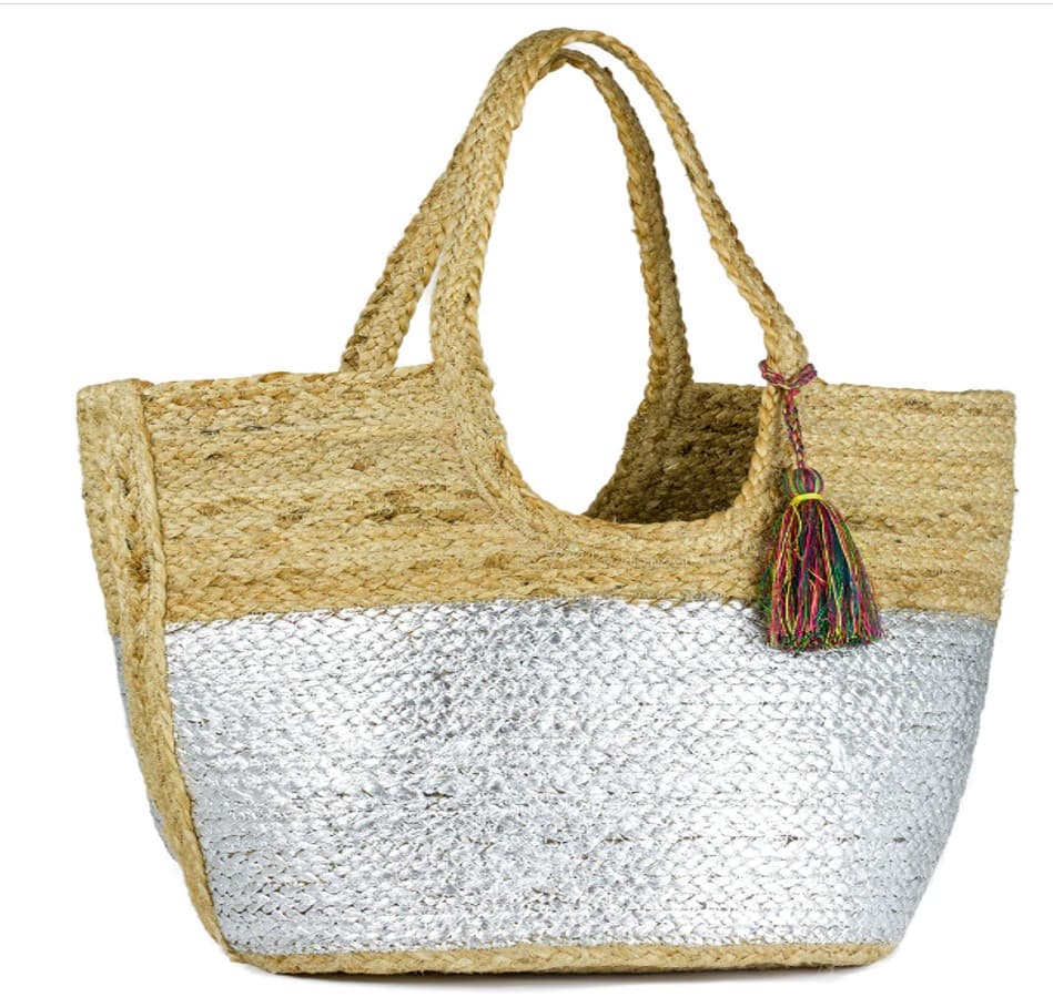 METALLIC COLORBLOCK JUTE TOTE WITH TASSEL