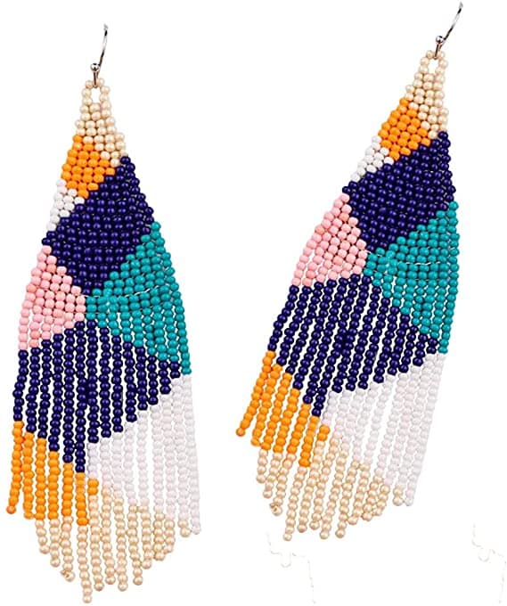 PLAID DESIGN SEED BEAD DANGLE EARRING