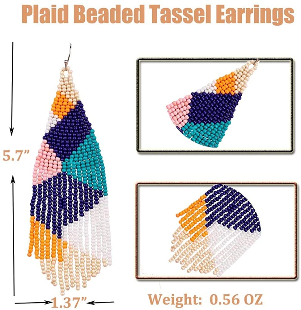 PLAID DESIGN SEED BEAD DANGLE EARRING