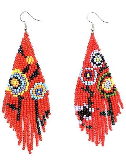 FLOWER STEM DESIGN SEED BEAD DANGLE EARRING