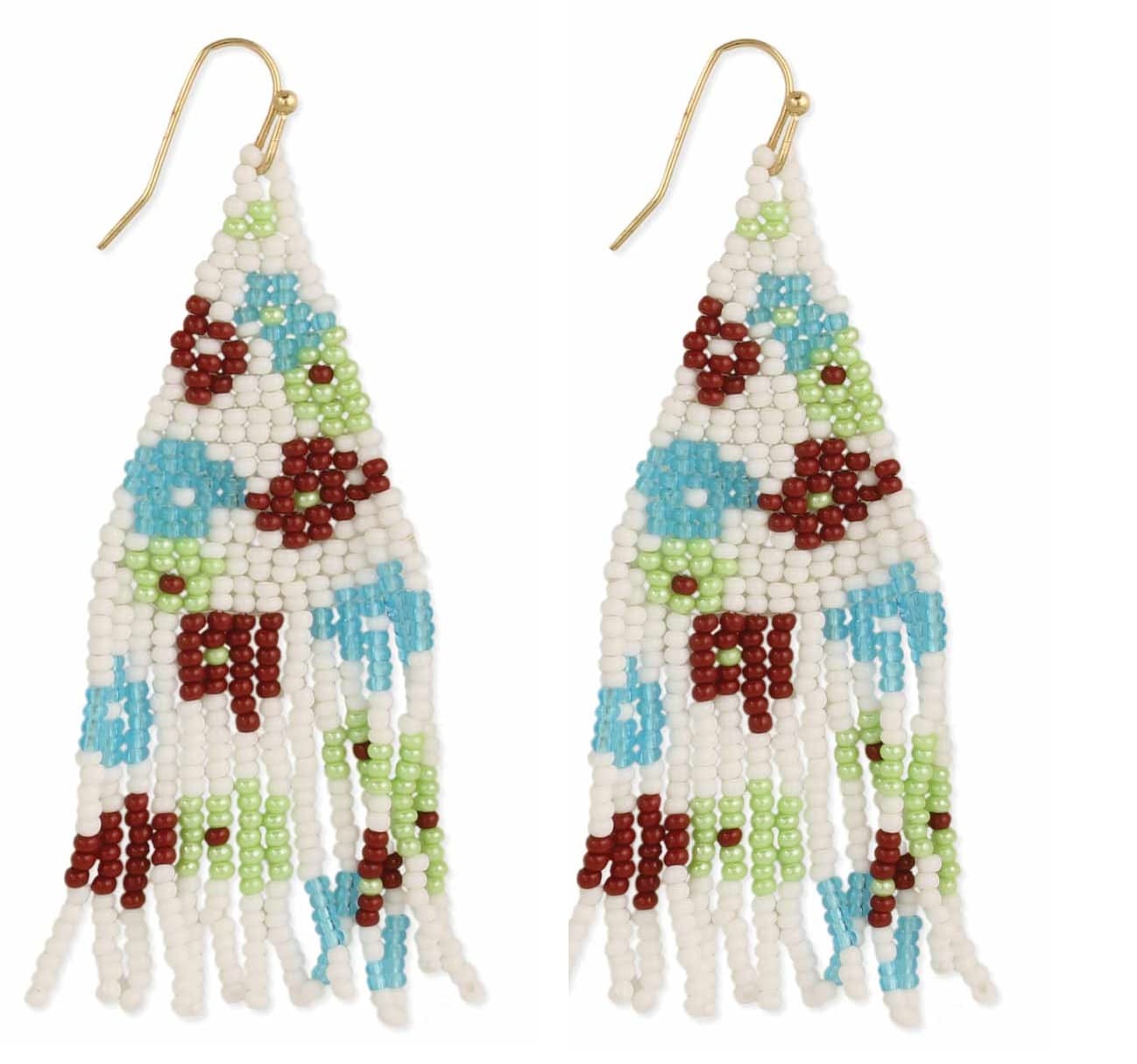 ABSTRACT FLOWER DESIGN SEED BEAD FRINGE EARRING