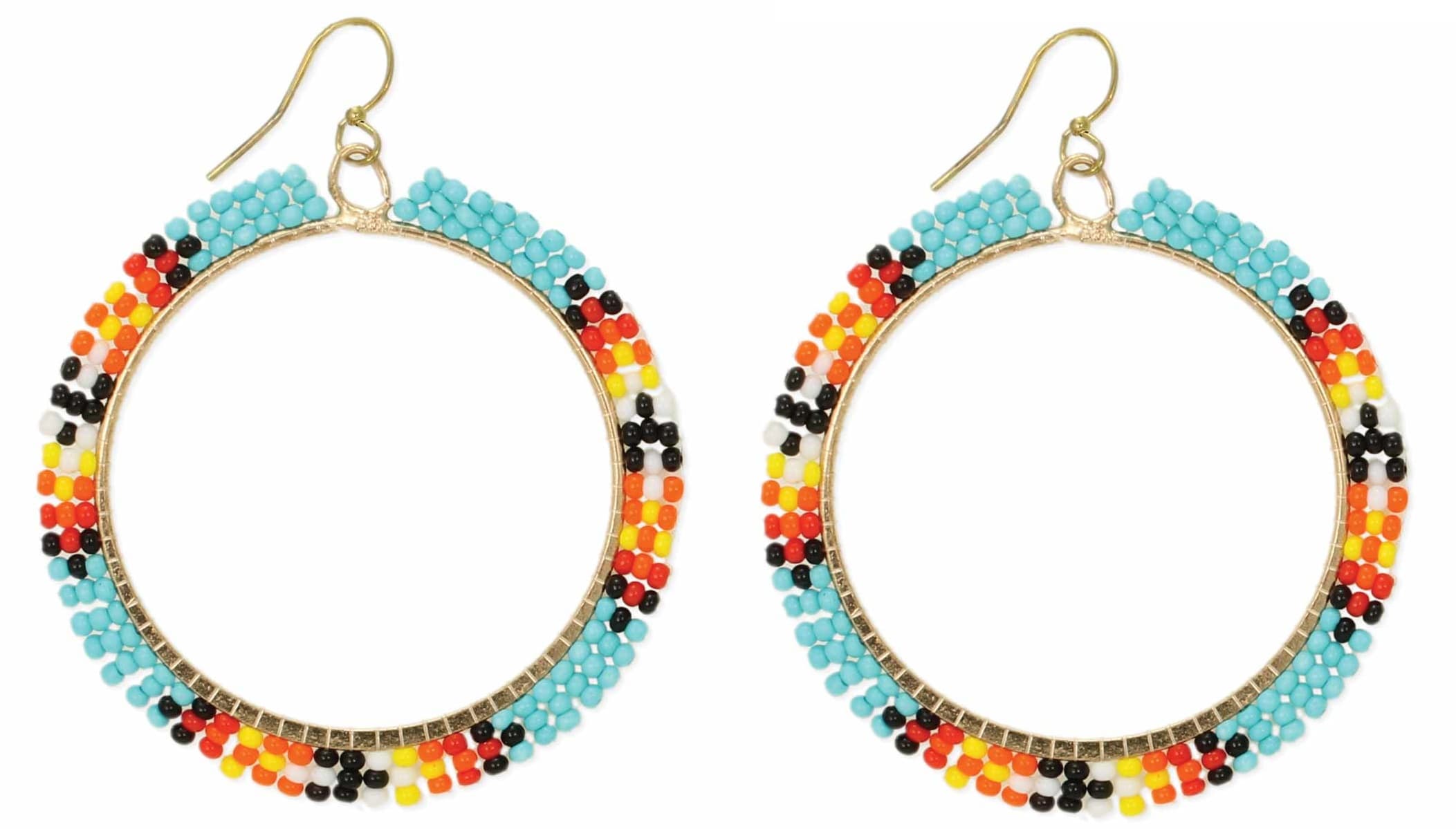 TURQ MULTI ROUND SHAPE SEED BEAD WOVEN EARRING