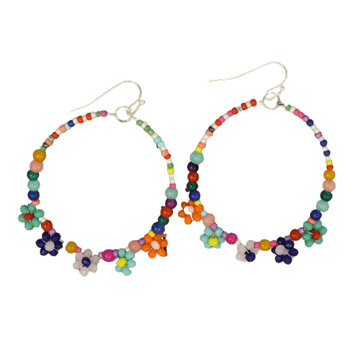 MULTI ROUND SHAPE EARRING WITH BEADED FLOWER