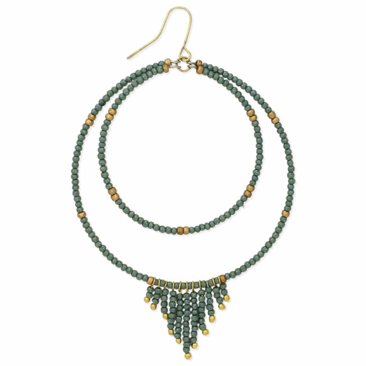 GREY SEED BEAD ROUND DANGLE EARRING WITH FRINGES