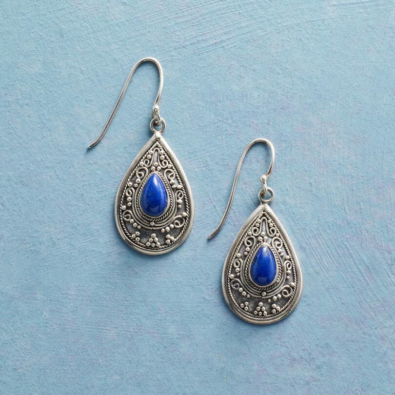 TEARDROP SILVER METAL EARRING WITH BLUE STONE
