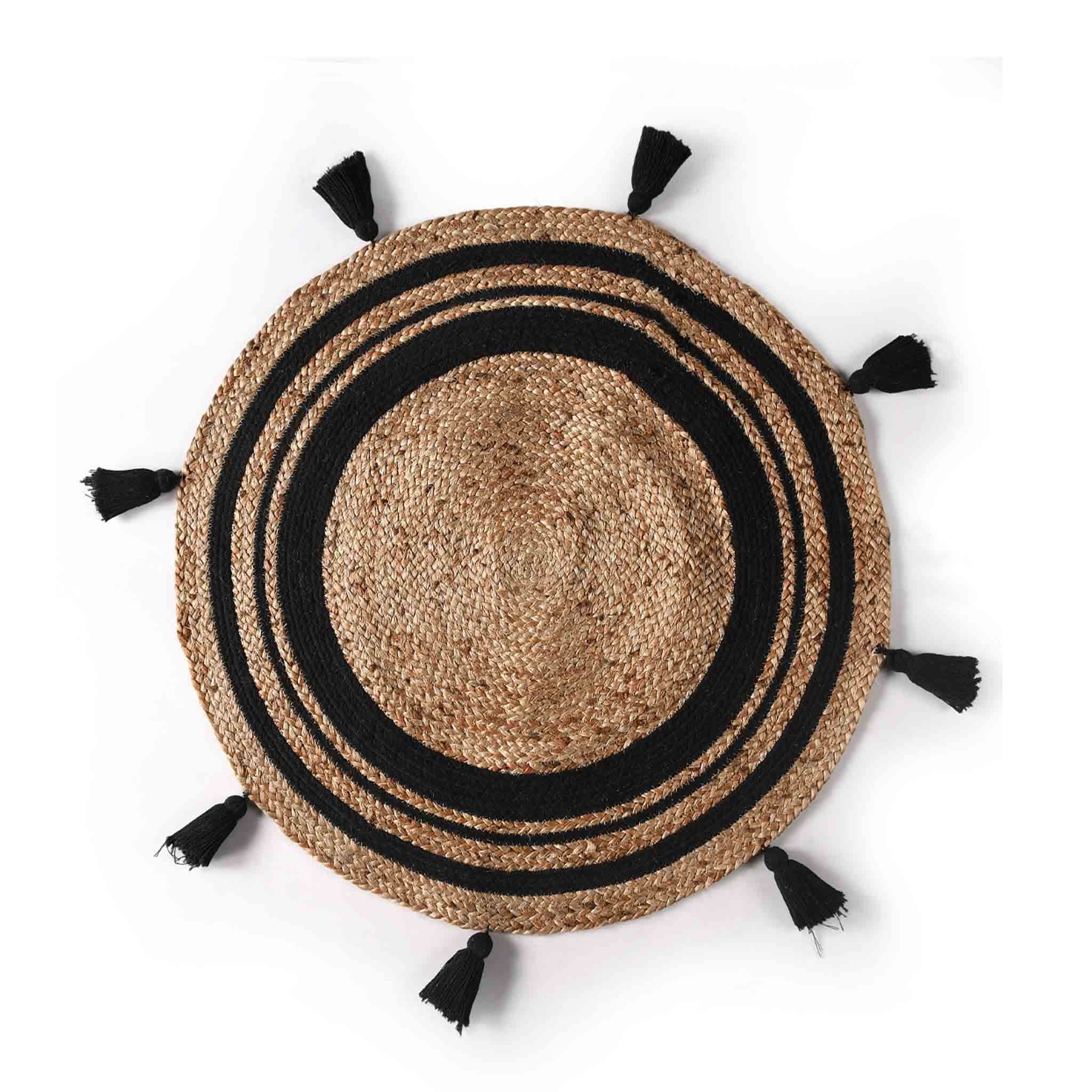 ROUND COTTON AND JUTE WOVEN RUG WITH TASSELS