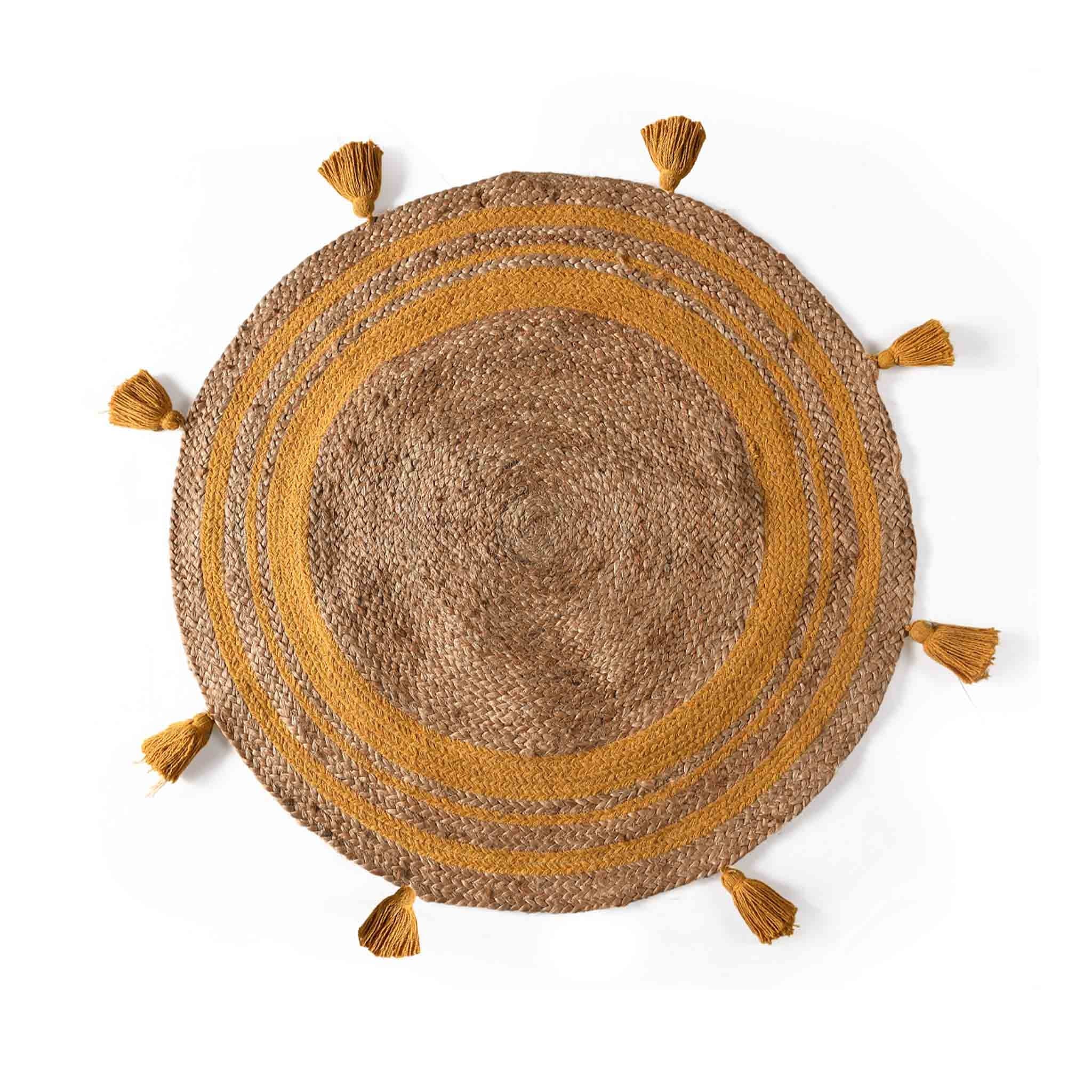 ROUND COTTON AND JUTE WOVEN RUG WITH TASSELS
