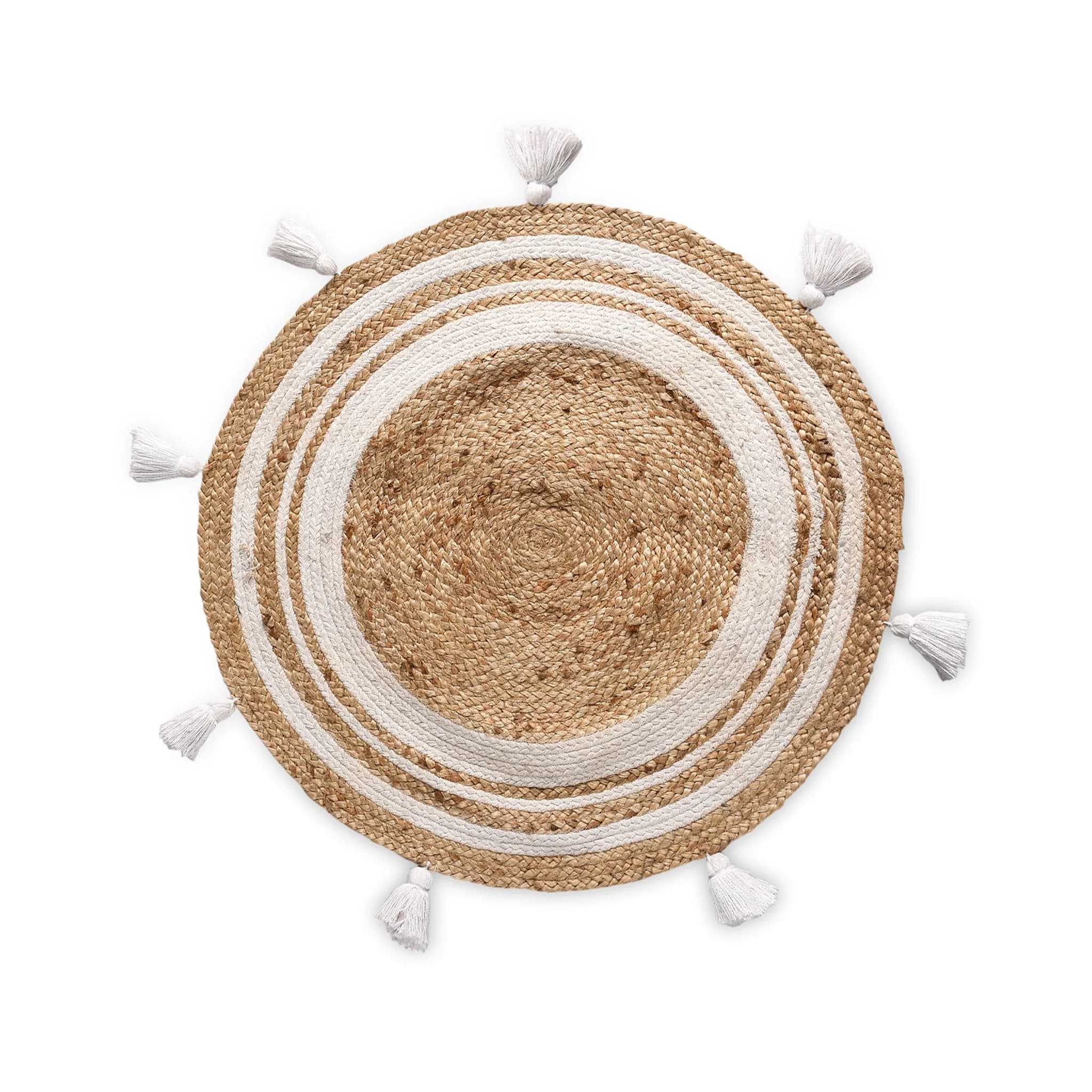 ROUND COTTON AND JUTE WOVEN RUG WITH TASSELS