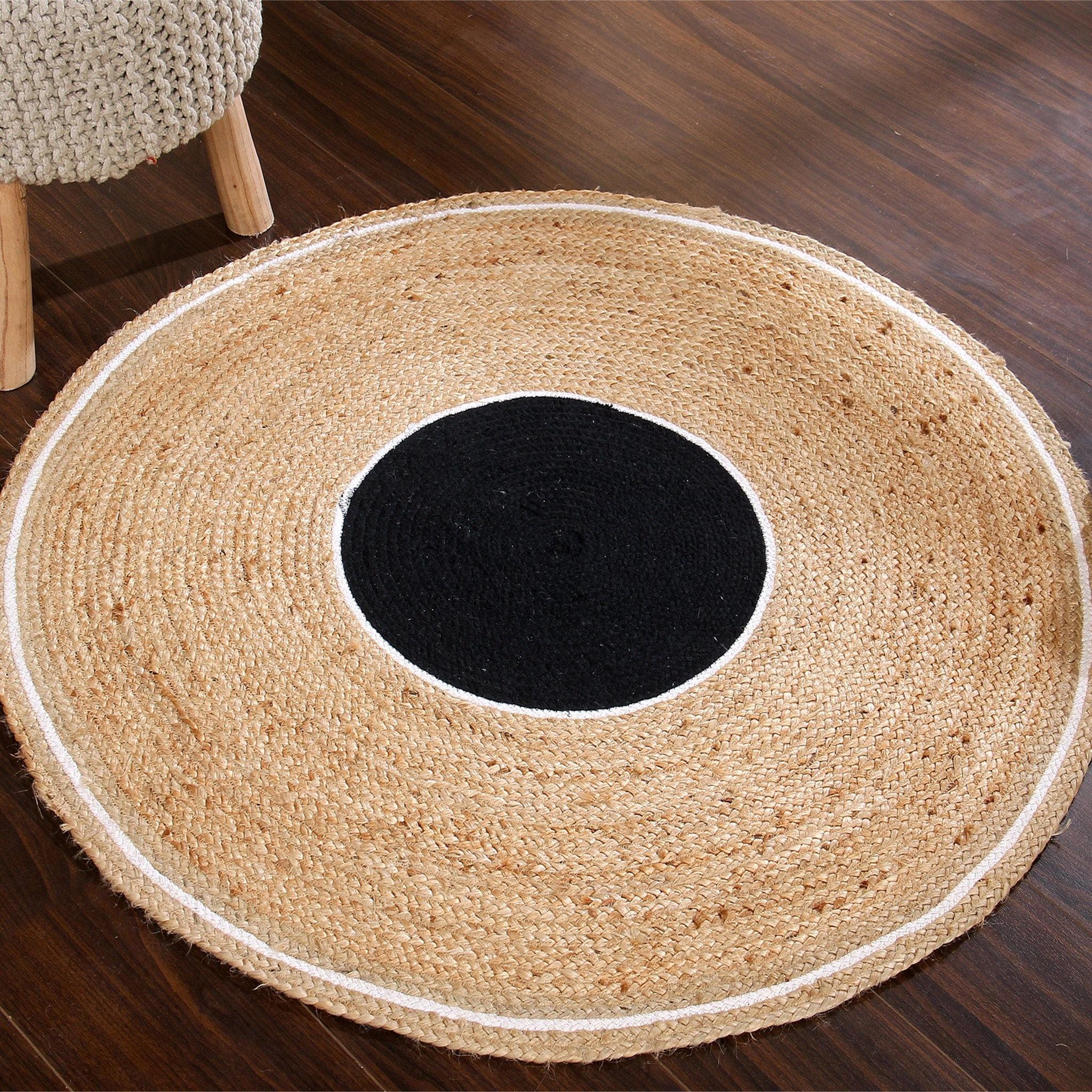 BLACK WHITE AND NATURAL JUTE WOVEN RUG